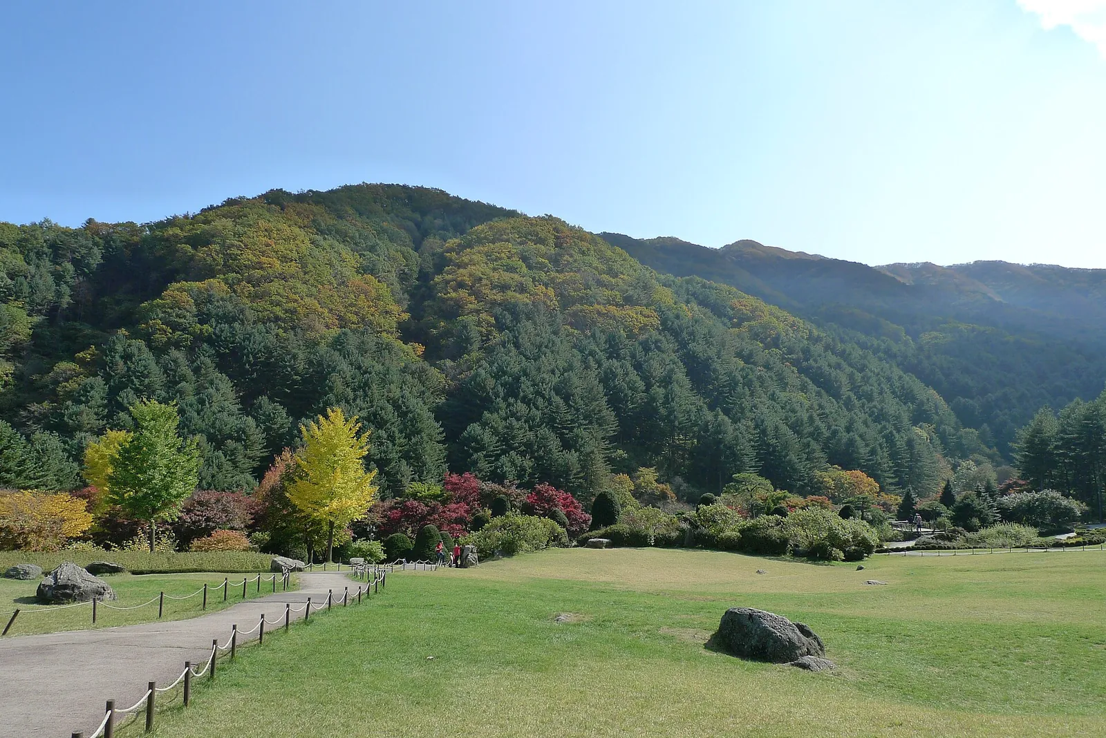 Lawn and flower beds below forested hills at the Garden of Morning Calm, with trees starting to turn