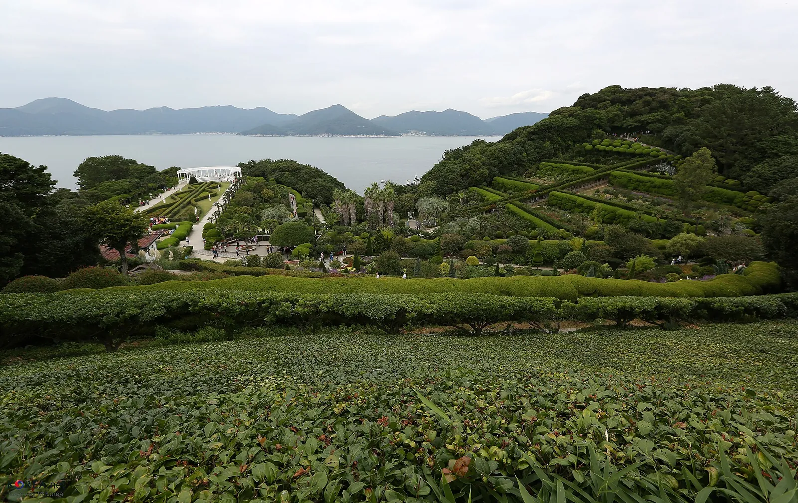 Terraced hedges and garden paths of Oedo-Botania sloping down towards the sea, with islands on the horizon
