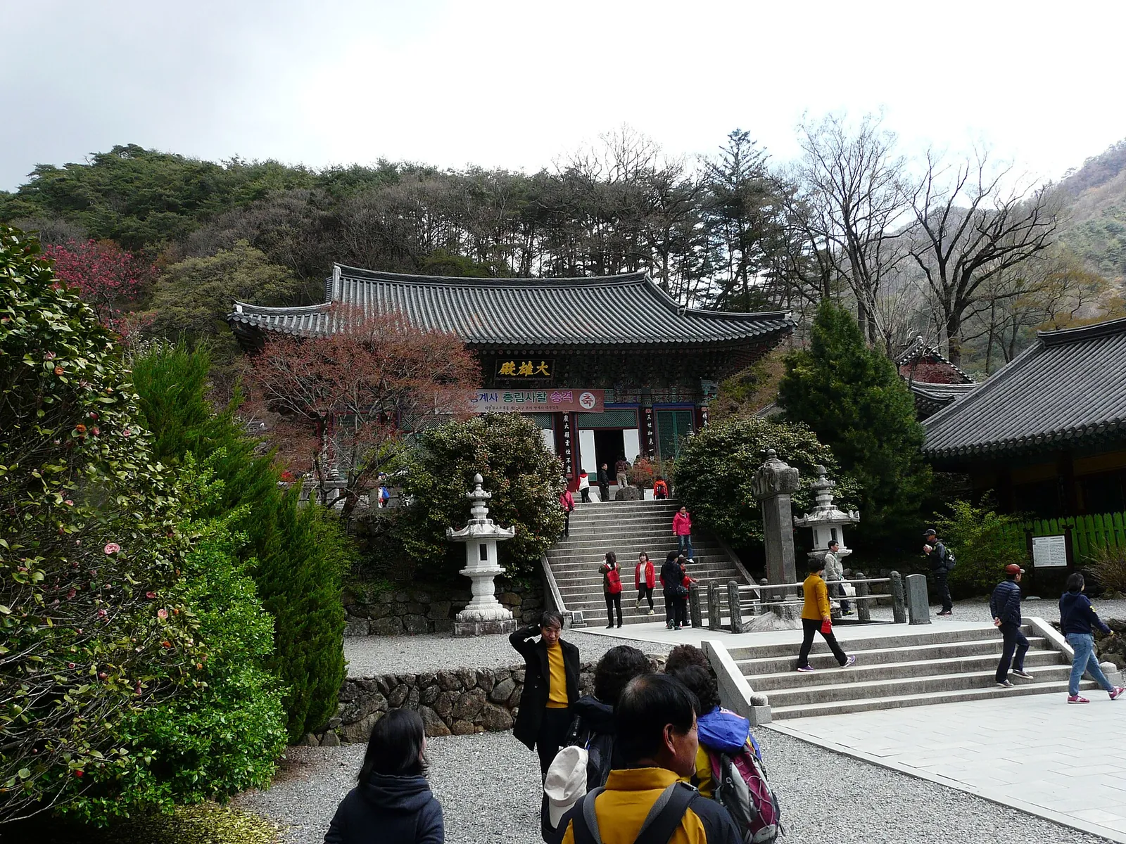 Stone steps leading up to a temple hall framed by trees at Ssanggyesa Temple