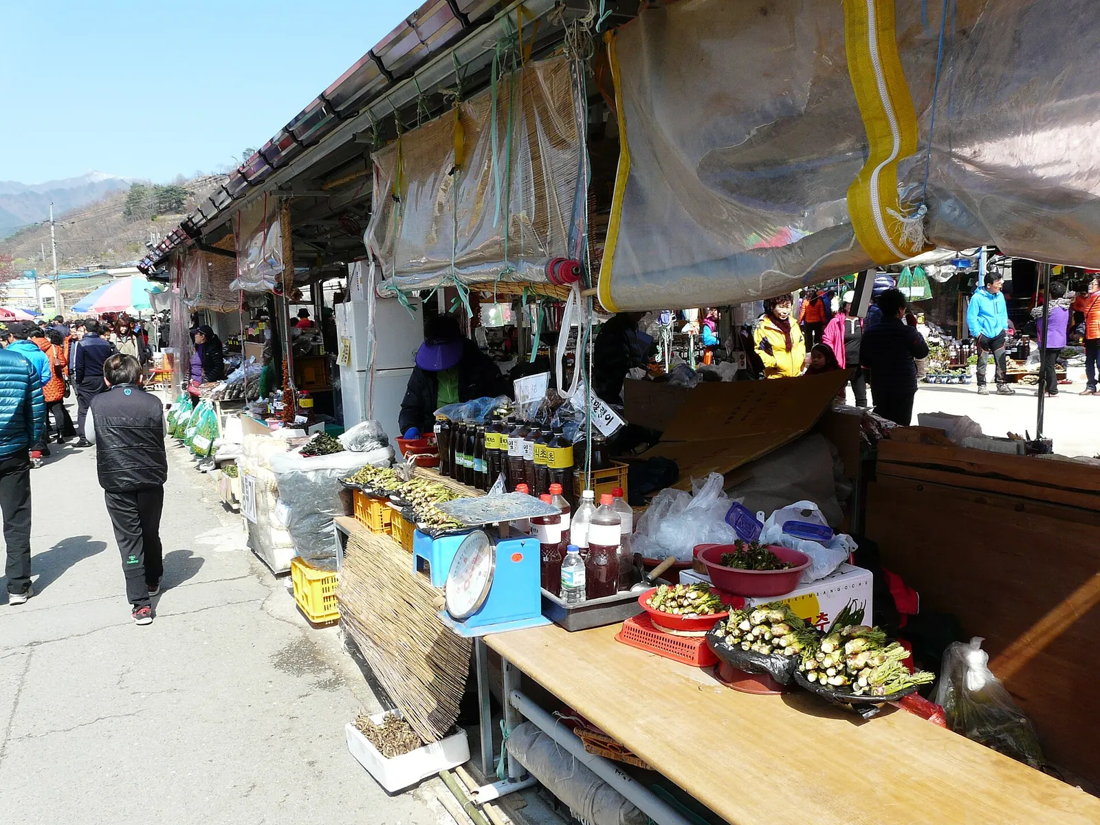 Stalls selling dried goods and local produce under awnings at Hwagae Market