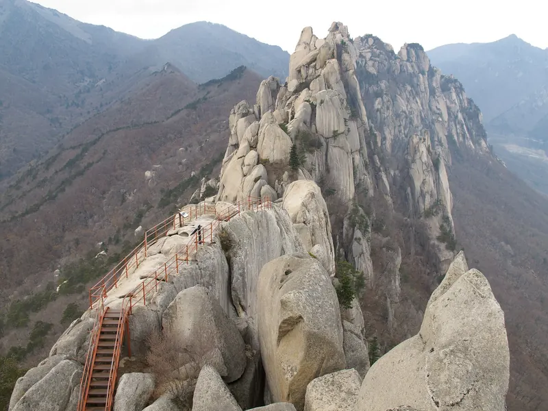 Steel stairs climbing the granite pinnacles of Ulsanbawi in Seoraksan National Park