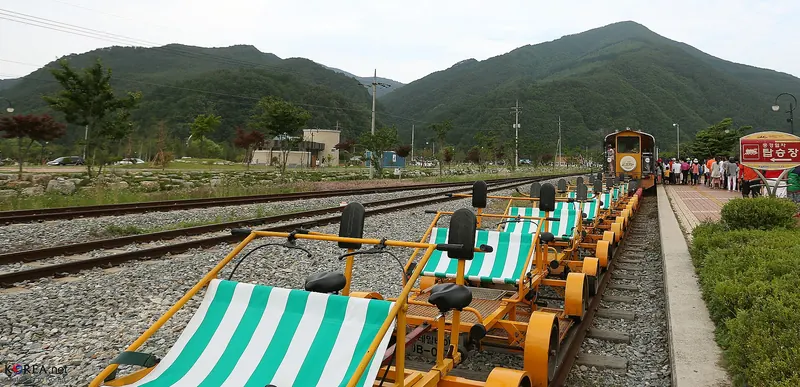 Rows of yellow rail bikes with striped seats on the track beside the platform in Jeongseon, with forested hills behind