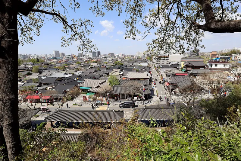 Tiled roofs of Jeonju Hanok Village spread out below a hillside, with the modern city behind
