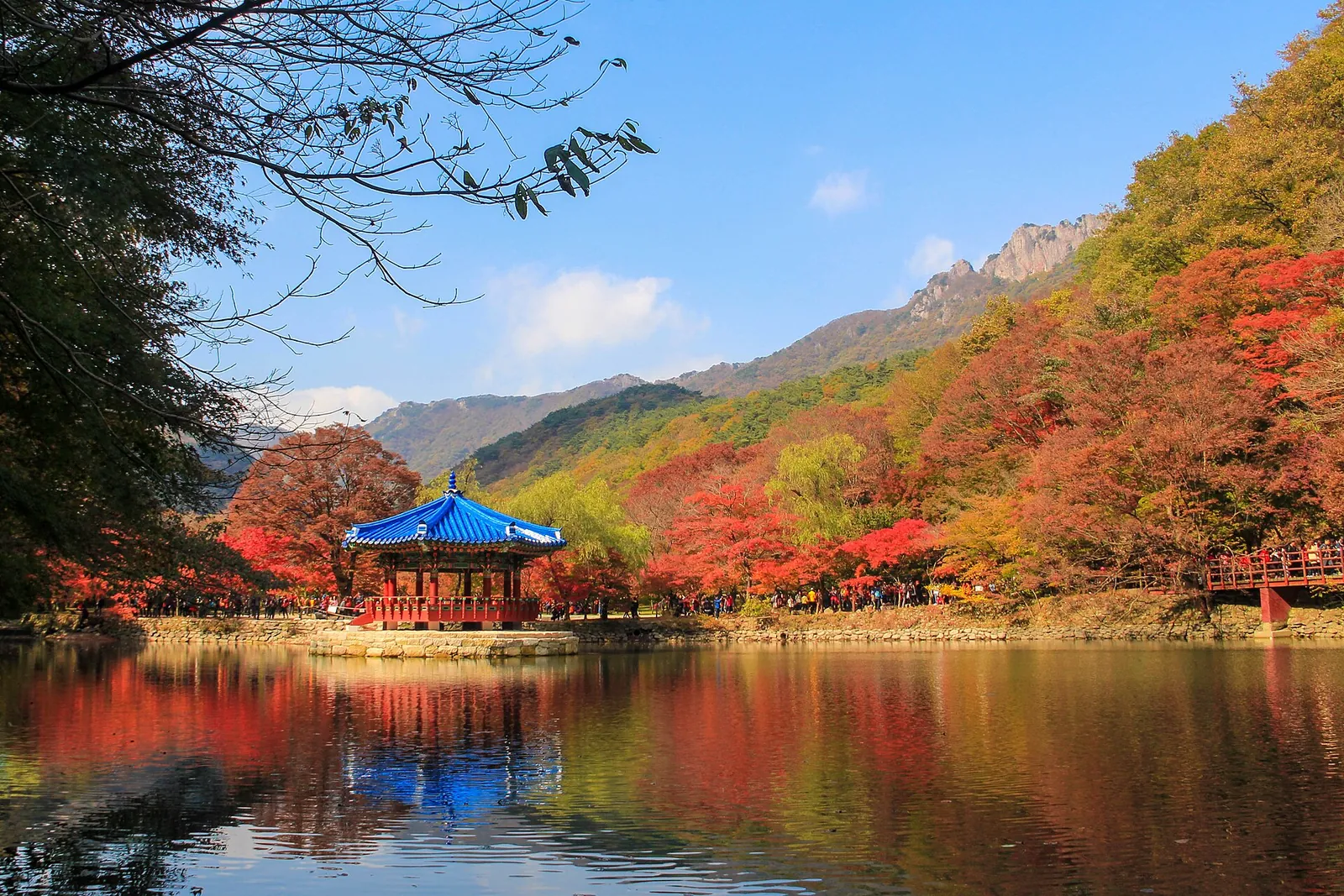 Uhwajeong Pavilion with a blue tiled roof on a lake at Naejangsan, ringed by red and orange autumn trees and reflected in the water