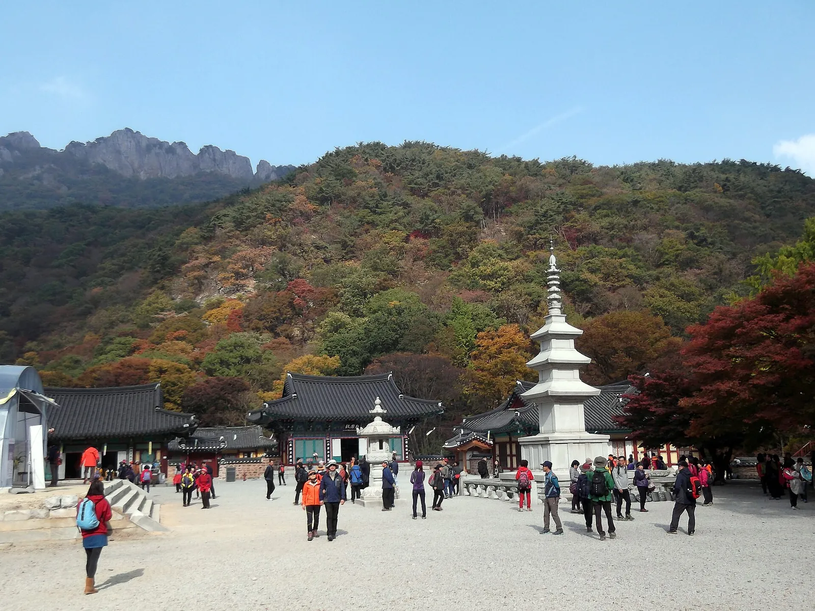 The courtyard of Naejangsa temple with a white stone pagoda, temple halls and visitors, below autumn-coloured slopes