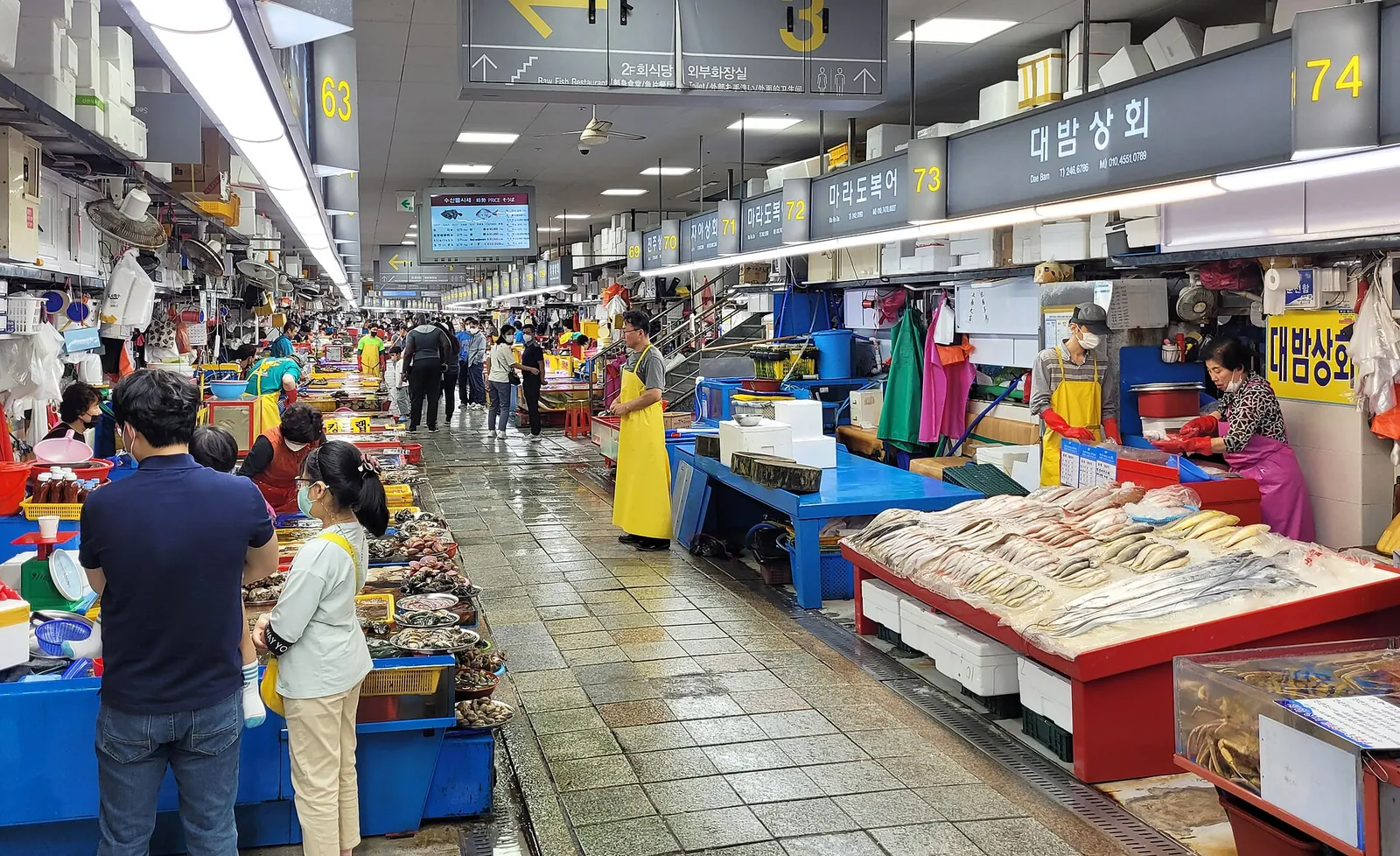 Fish stalls with trays of seafood lining an indoor aisle at Jagalchi Market