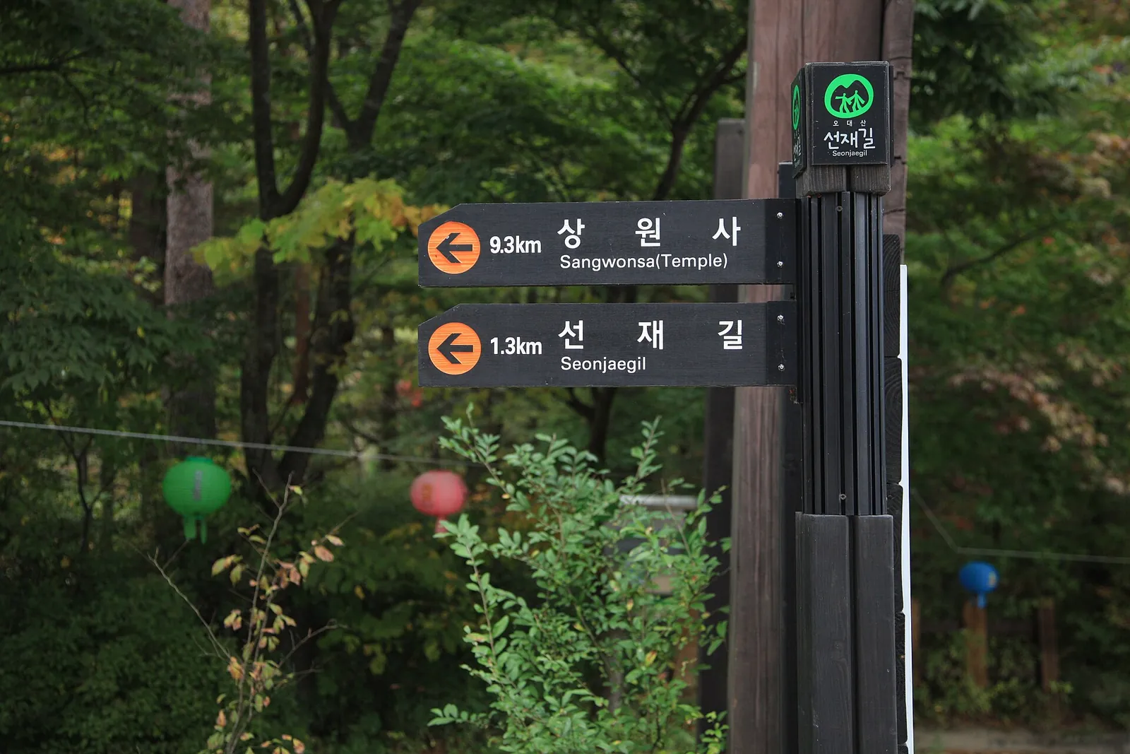 Dark trail signpost in green forest with arrows pointing to Sangwonsa Temple 9.3 km and Seonjae-gil 1.3 km