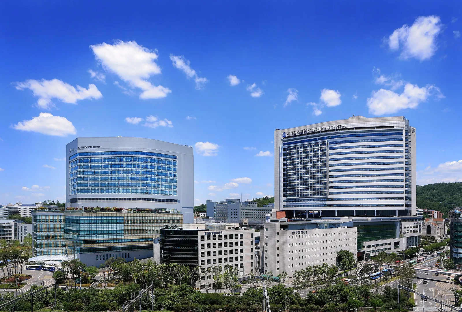 Modern hospital towers of Severance Hospital on a sunny day with green trees in the foreground