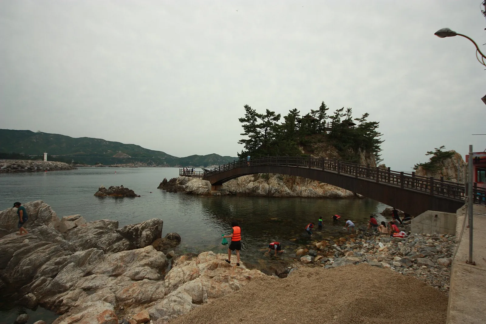Rocky shore at Jangho Port with a small pine-topped islet linked by a footbridge and people wading in clear water