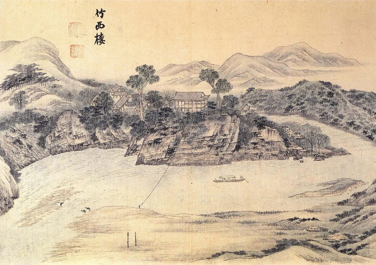 Ink painting of Jukseoru Pavilion on a wooded cliff above a river, with hills behind, from Kim Hong-do's Geumgang album