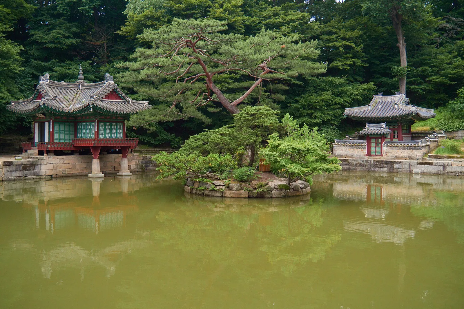 Buyongji Pond in the Huwon garden of Changdeokgung Palace, with the Buyongjeong pavilion on the left, a small pine-covered island and wooded hills