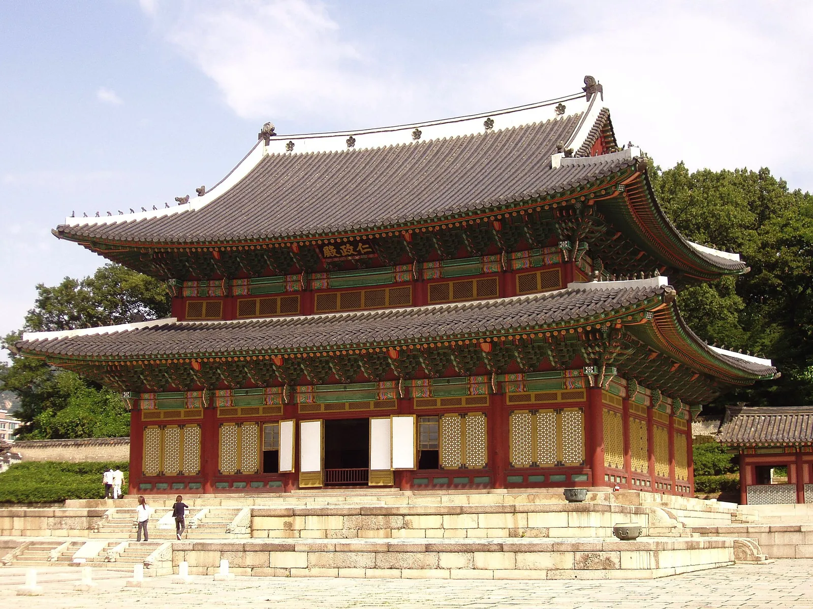 Two-storey Injeongjeon throne hall at Changdeokgung Palace with its stone courtyard