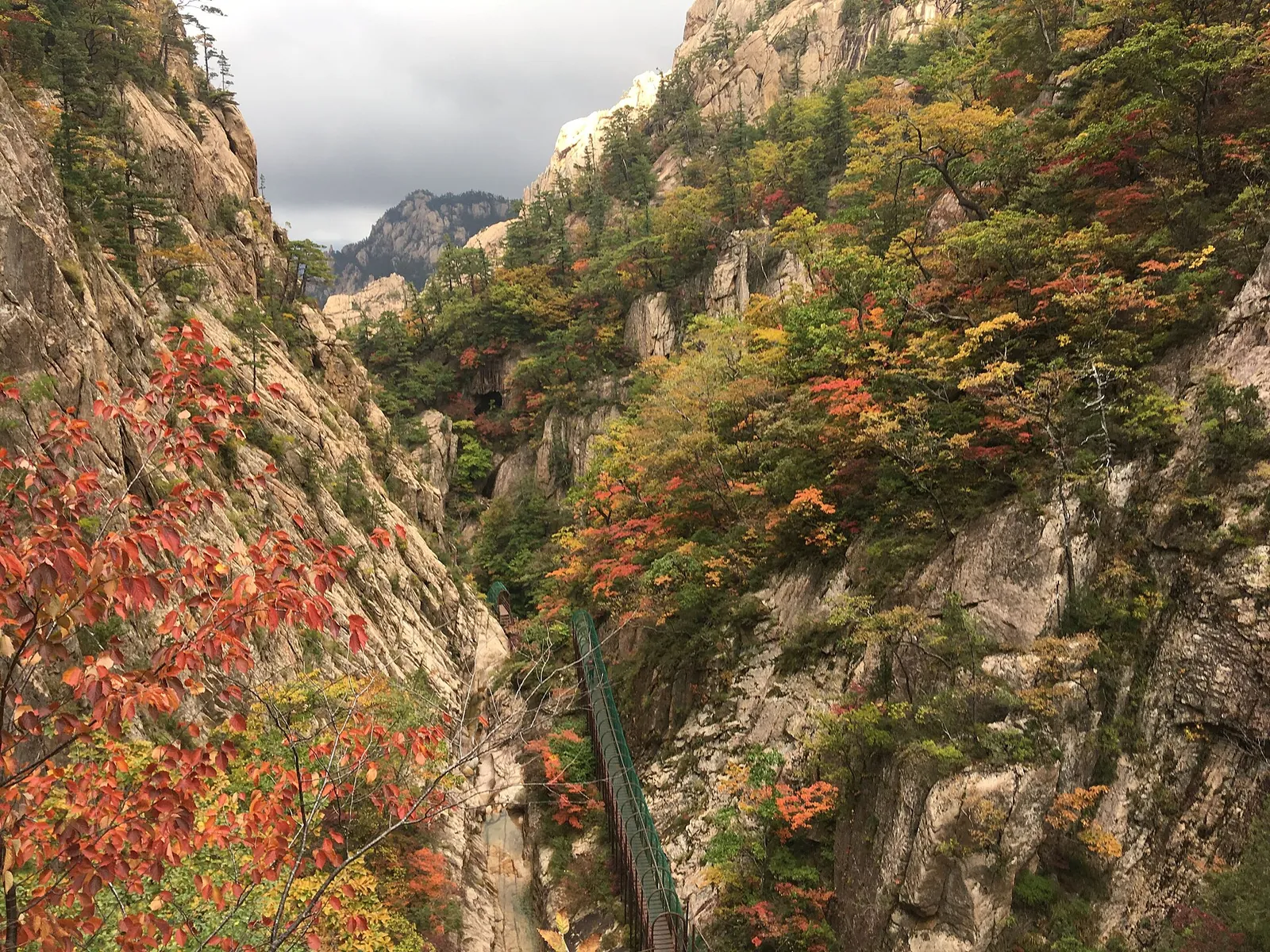 Folhas de outono laranja e vermelhas nas encostas rochosas e íngremes de um vale do Parque Nacional de Seoraksan, com um passadiço com guarda-corpo lá em baixo
