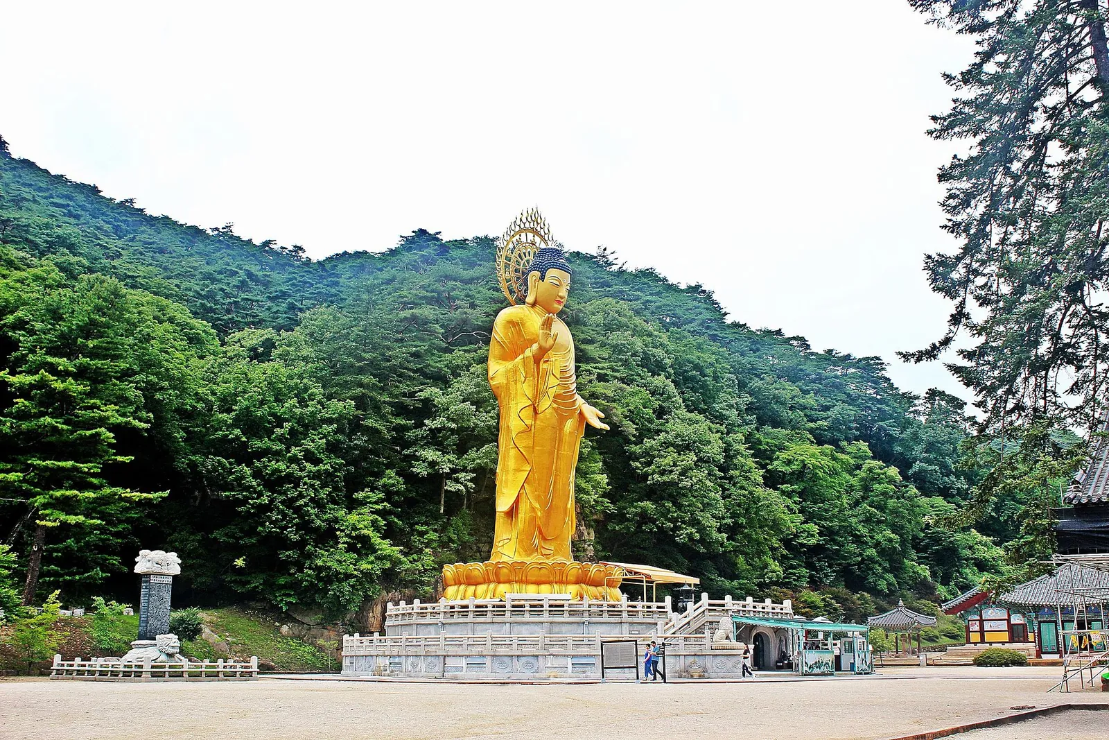 The tall gilt-bronze Maitreya Buddha standing on a stone platform in front of forested hills at Beopjusa