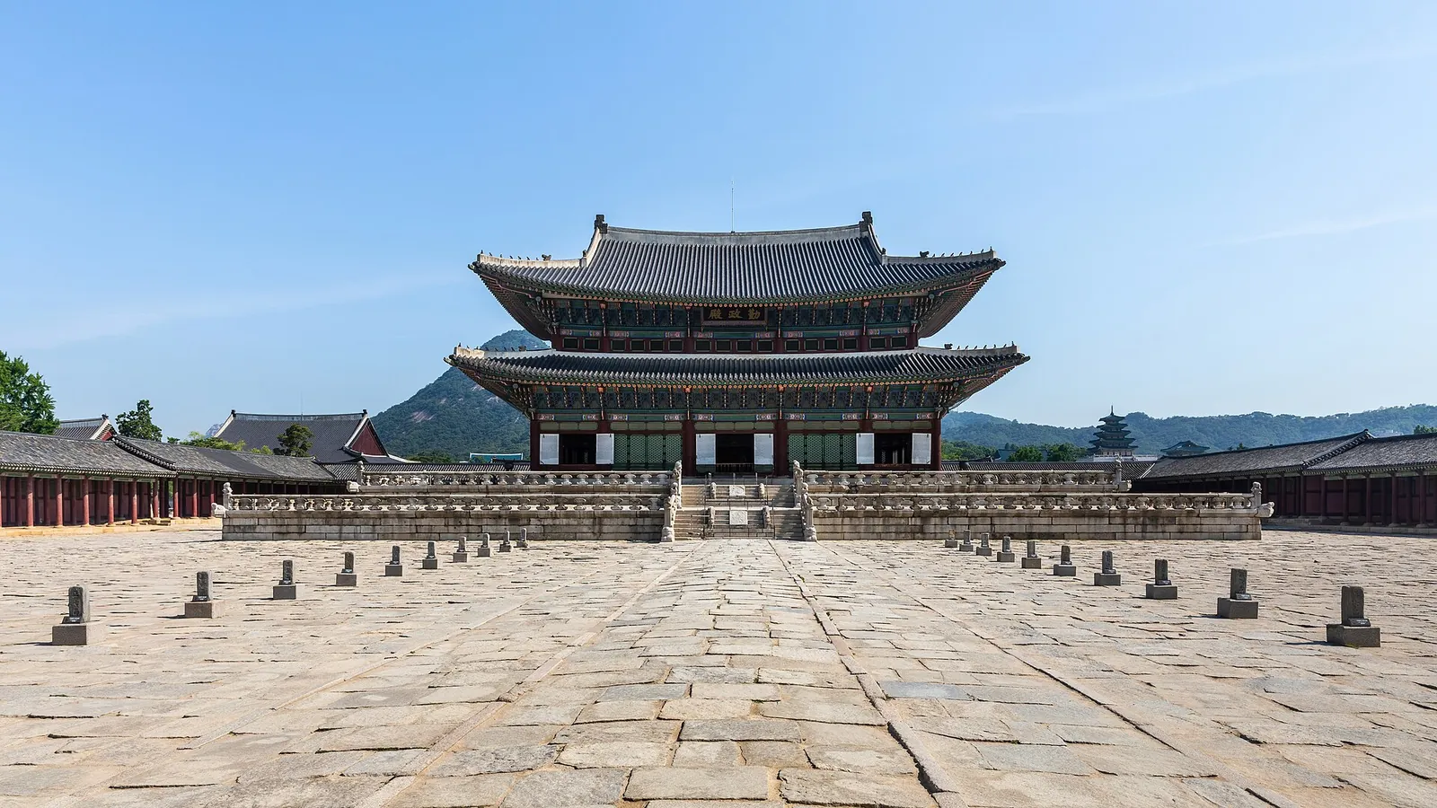 Geunjeongjeon throne hall at the end of its stone-paved courtyard in Gyeongbokgung Palace, Seoul