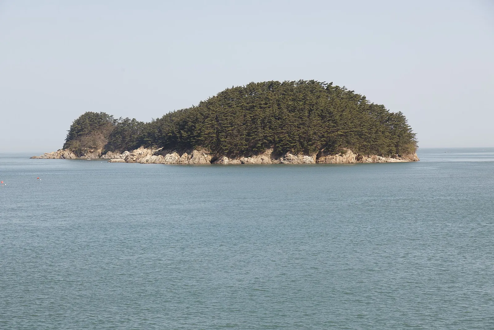 A small pine-covered island in calm sea off Cheollipo
