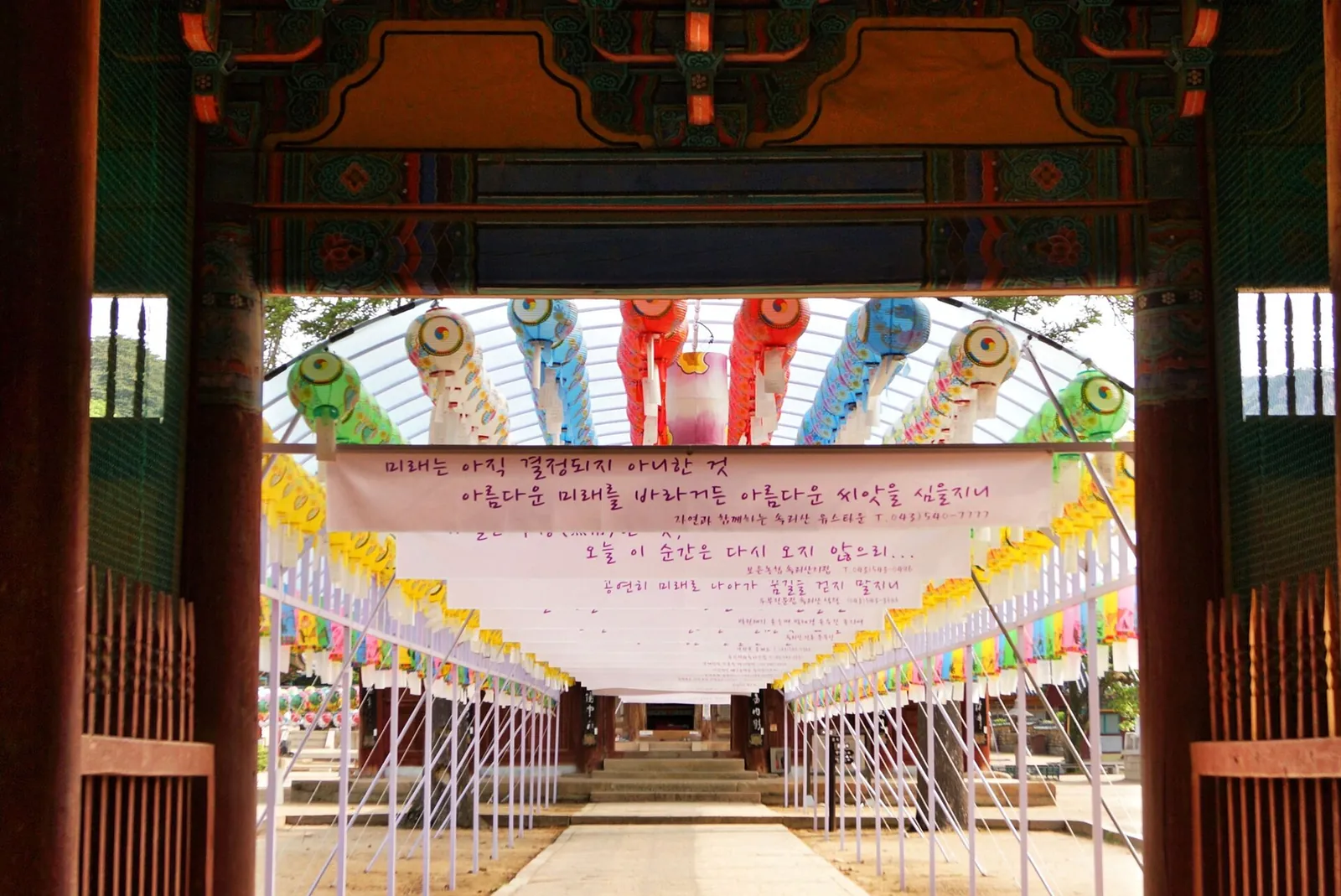 Rows of paper lanterns seen through a wooden temple gate at Beopjusa