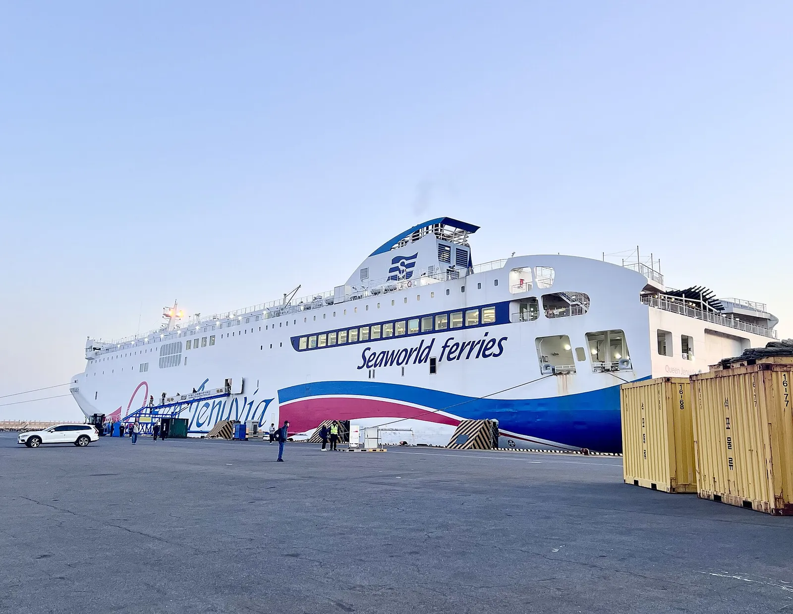 Large white Seaworld Ferries ship moored at the Port of Jeju