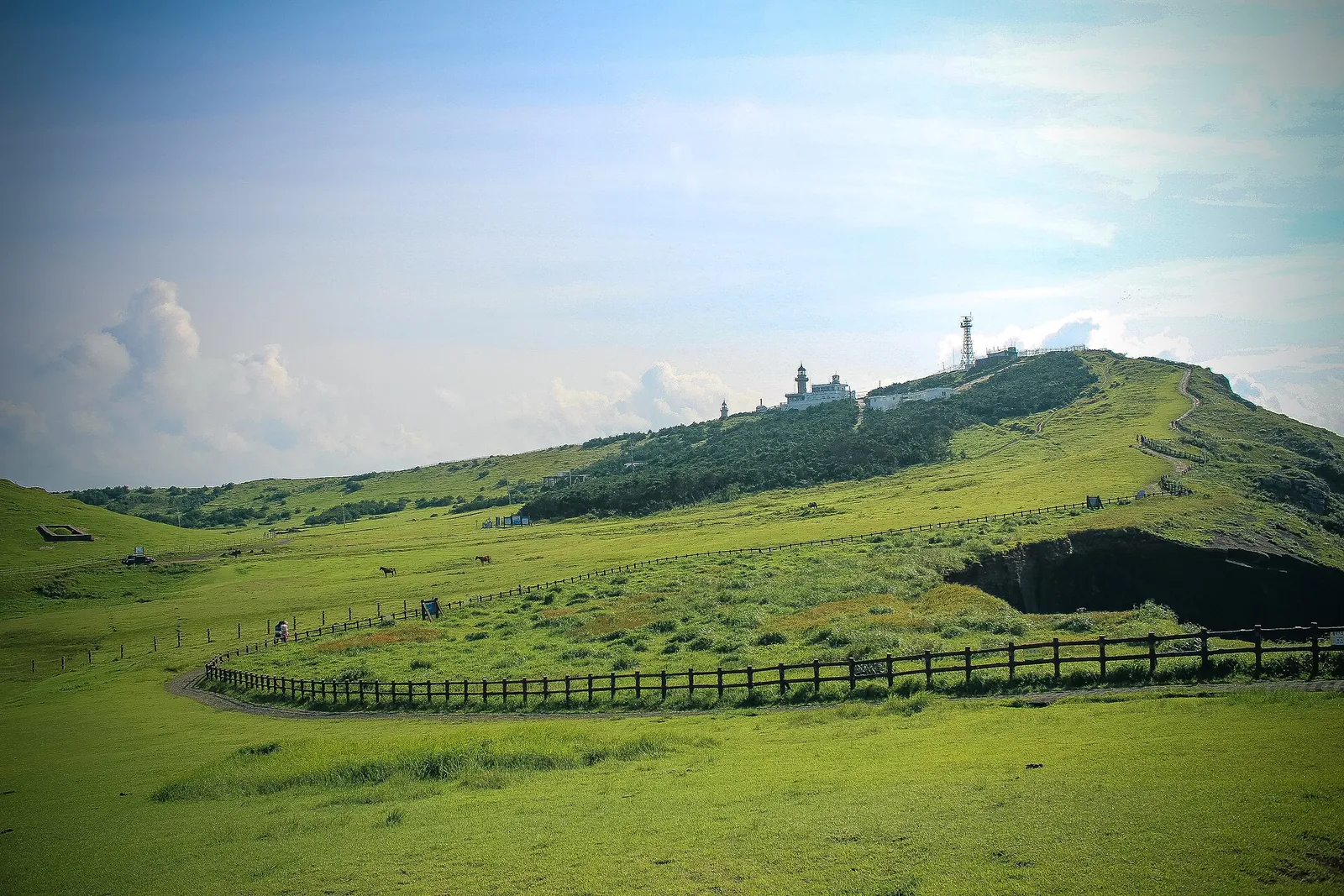 Green grassy slopes of Udobong on Udo with fences and the lighthouse on the ridge