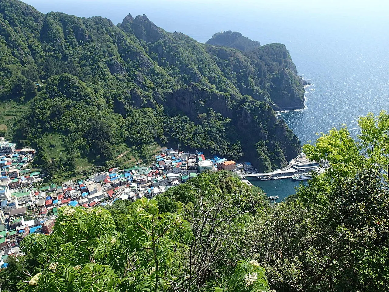 Dodong village and harbour squeezed into a narrow valley between steep green ridges on Ulleungdo