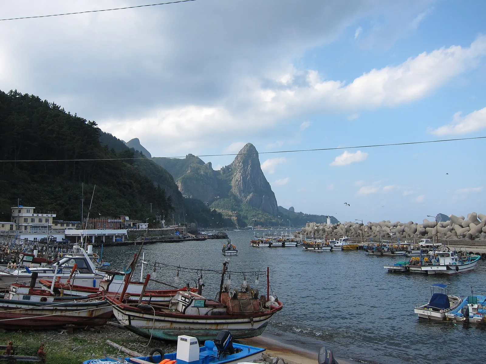 Fishing boats moored in a harbour on Ulleungdo below forested slopes and rock pinnacles