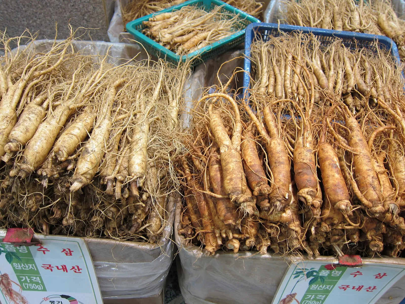 Baskets of fresh ginseng roots with handwritten price labels at a market stall in Punggi