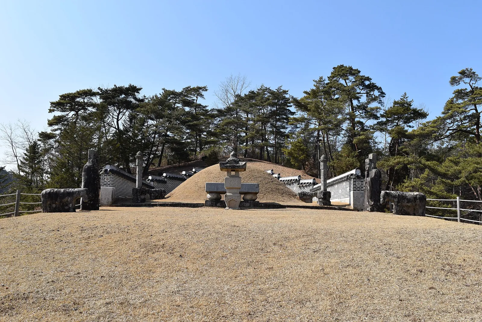The grass burial mound of Jangneung on a hilltop, with stone statues in front and pine trees behind, under a clear sky