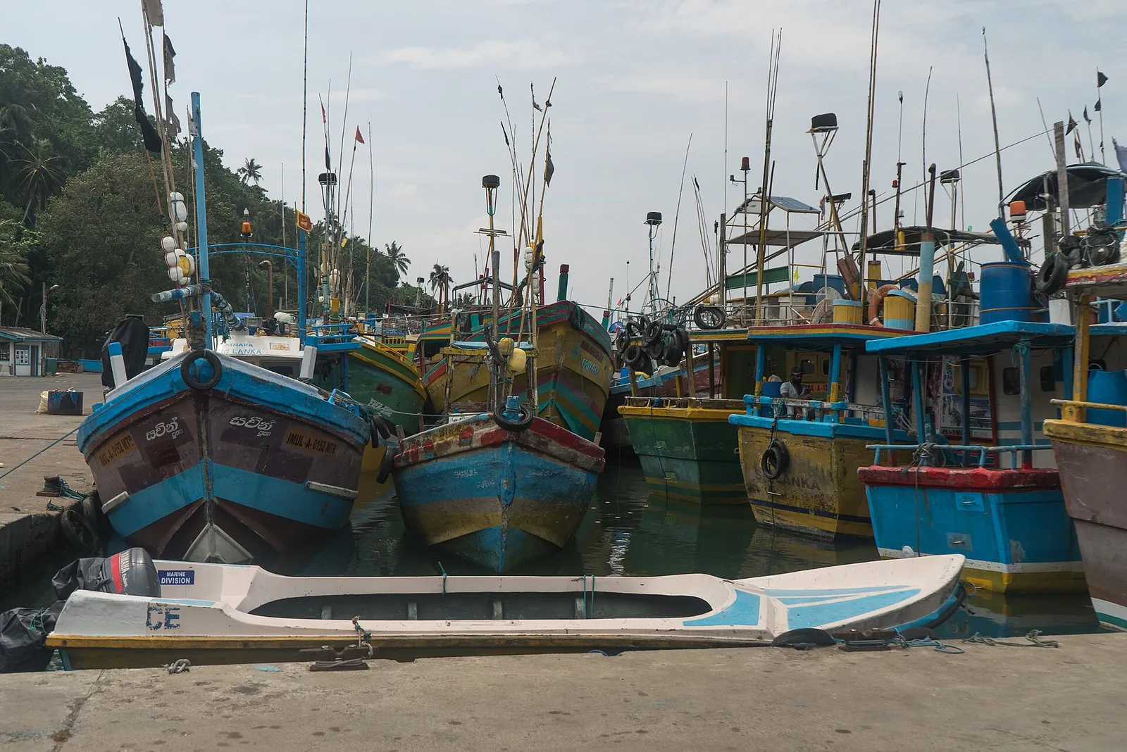 Barcas de pesca azules y amarillas amarradas en el puerto pesquero de Mirissa