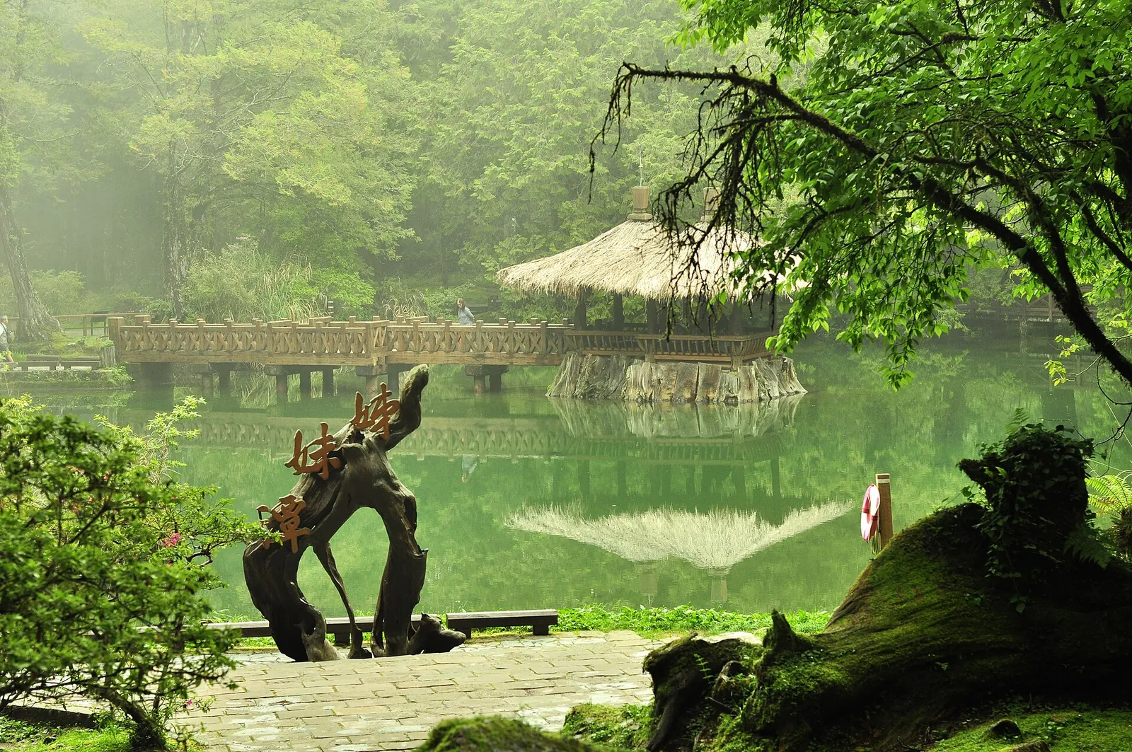 Baum und Pavillon spiegeln sich in einem Sisters Pond in Alishan