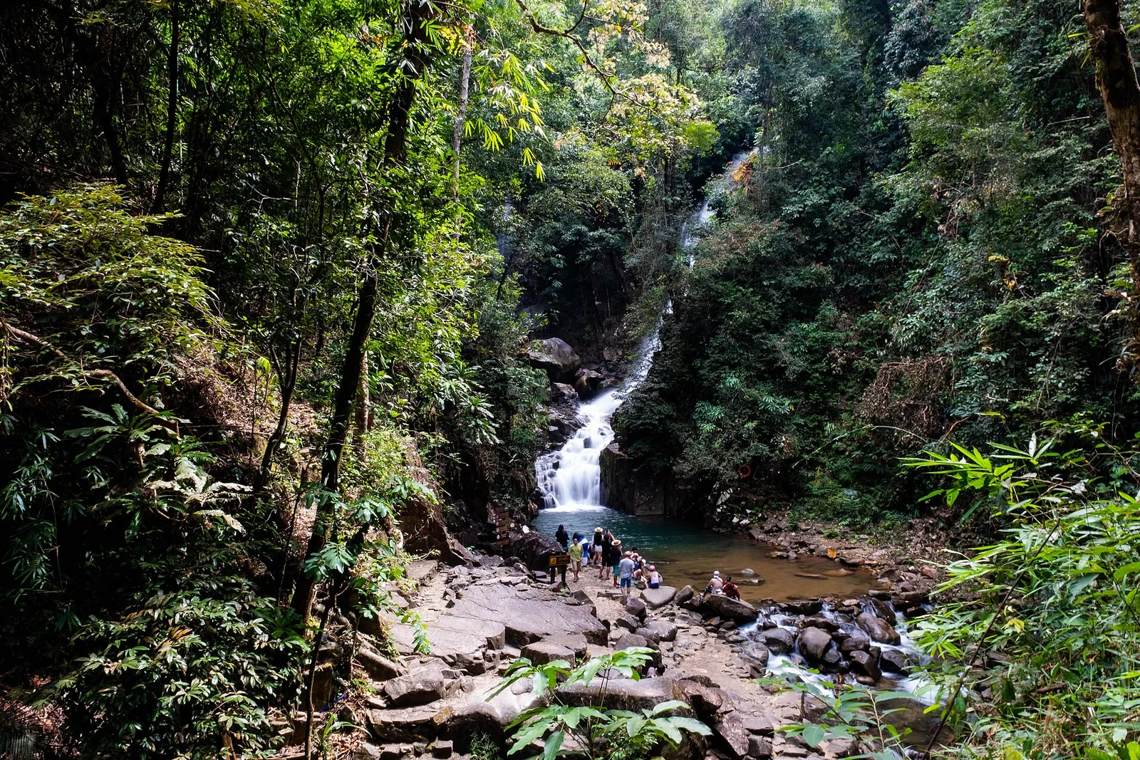 A waterfall falling into a rocky pool in green forest at Namtok Phlio National Park