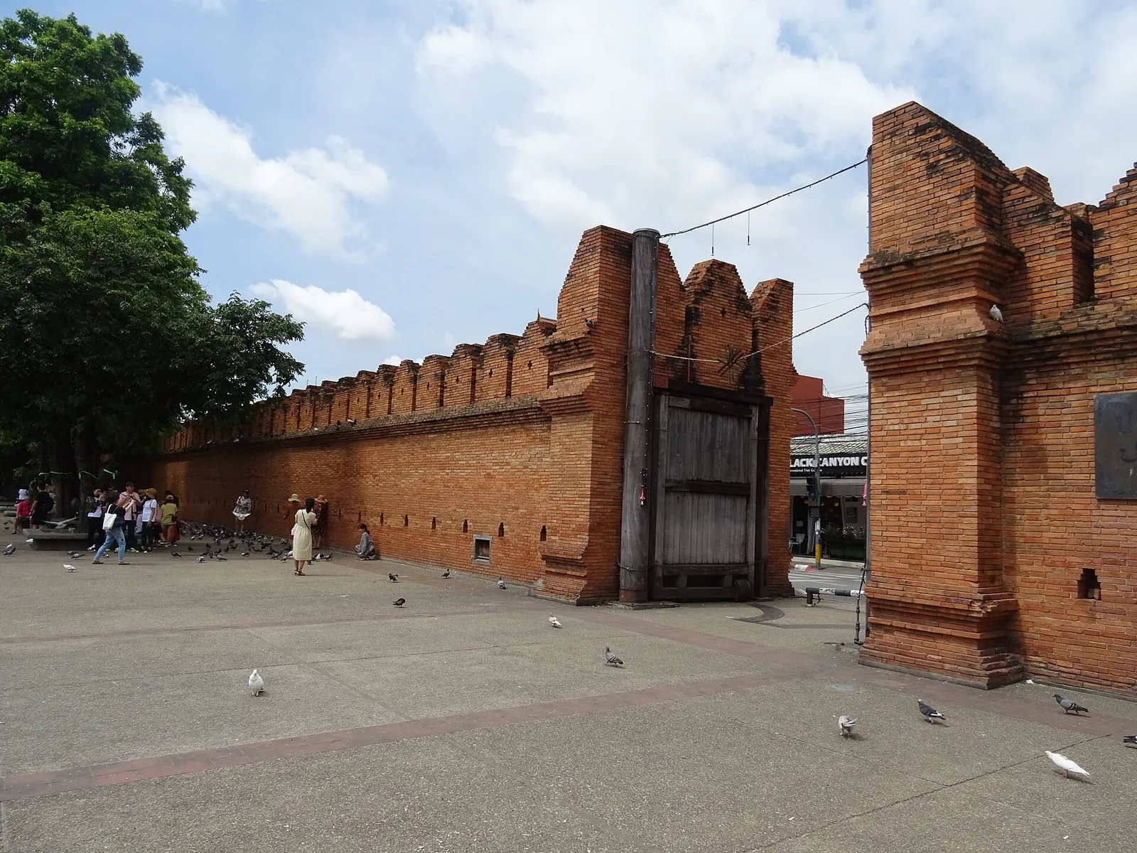The red-brick Tha Phae Gate and old city wall with pigeons on the square
