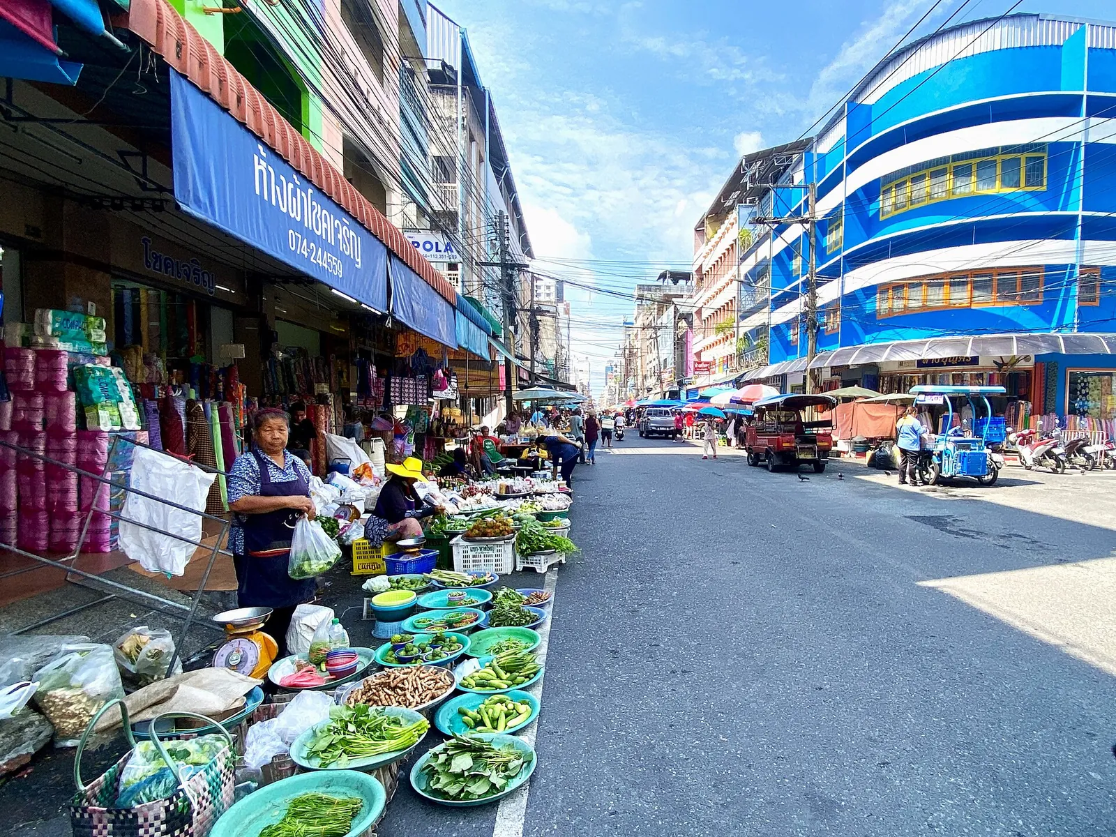 Trays of fresh vegetables and food at a street market in Hat Yai