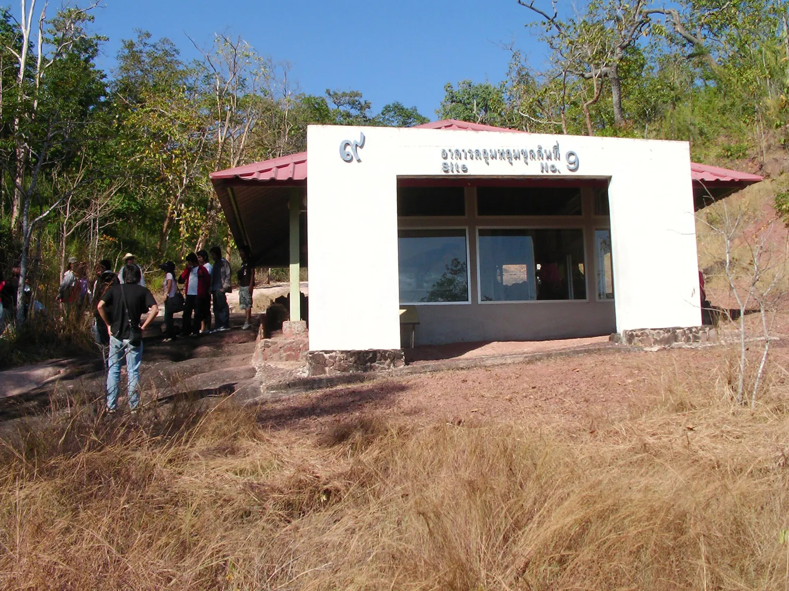 The shelter over dinosaur fossil site 9 on a dry hillside at Phu Wiang