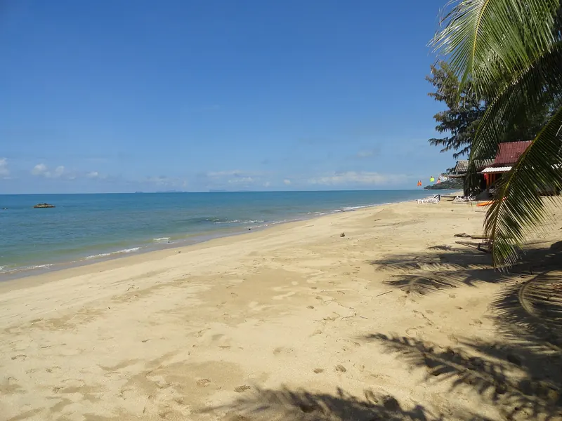 A quiet palm-fringed stretch of Klong Nin beach on Koh Lanta under a blue sky