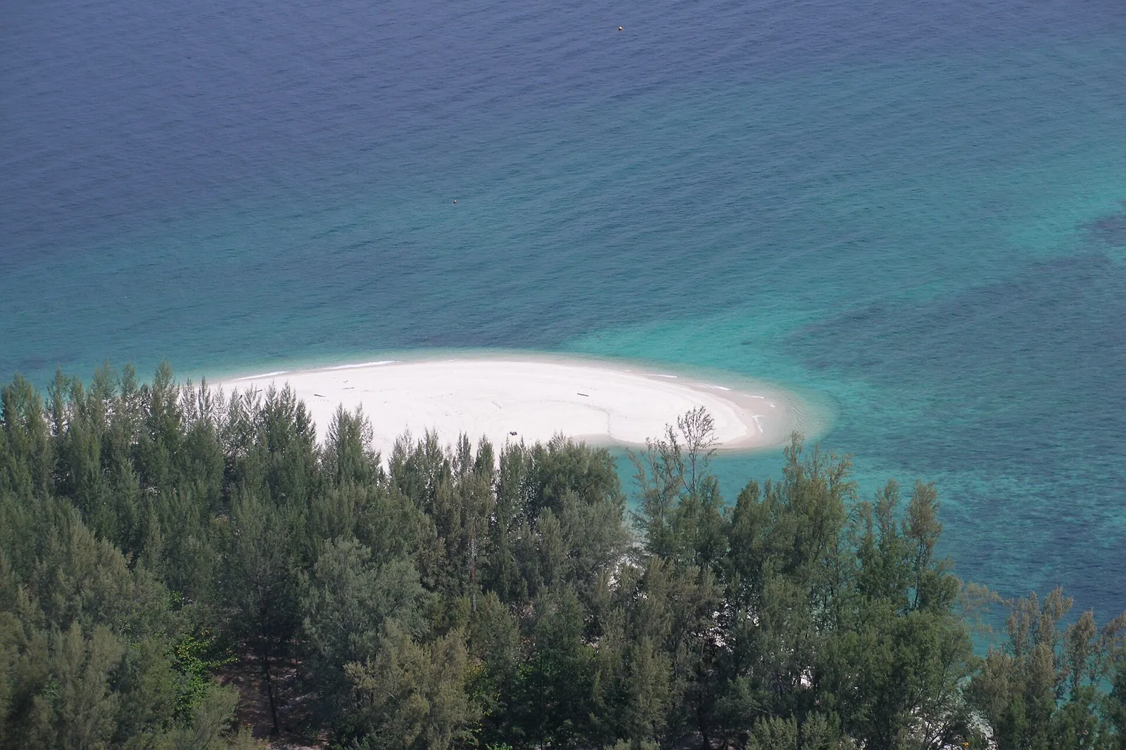 A white sandbar off the forested coast of Koh Adang