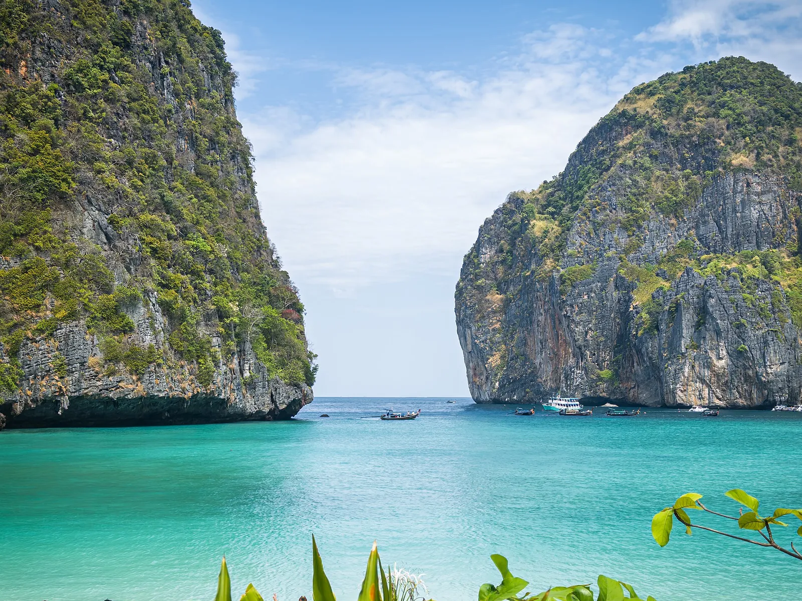 Maya Bay's turquoise water enclosed by sheer limestone cliffs on Phi Phi Leh