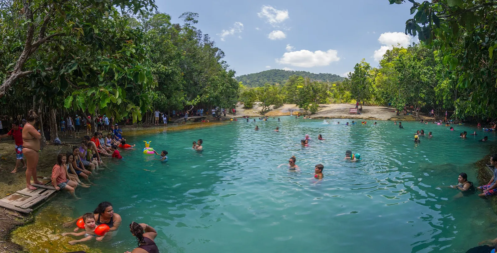 Visitors swimming in the turquoise Emerald Pool surrounded by forest
