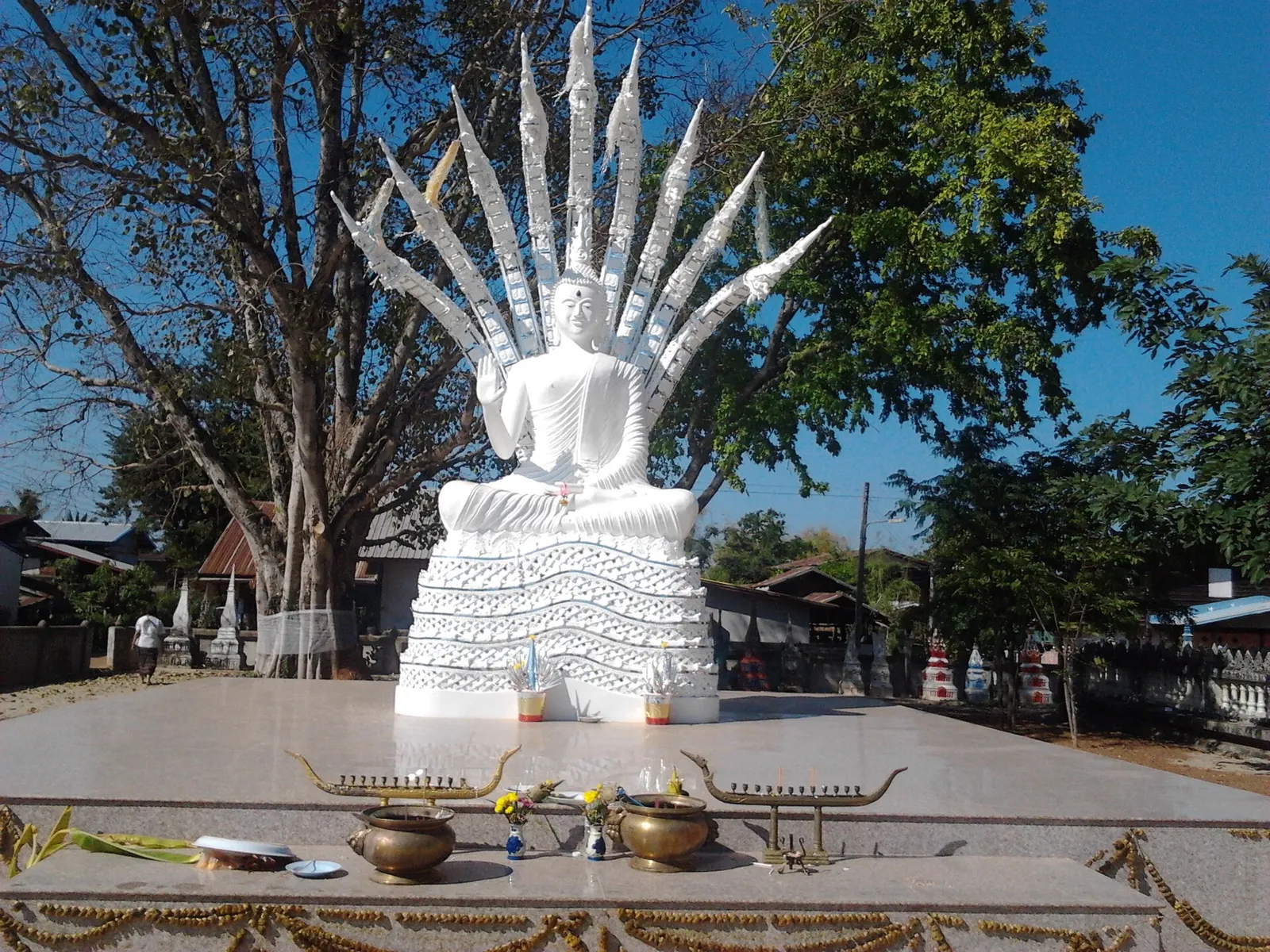A white Buddha image sheltered by a many-headed naga at Wat Phra That Bang Phuan