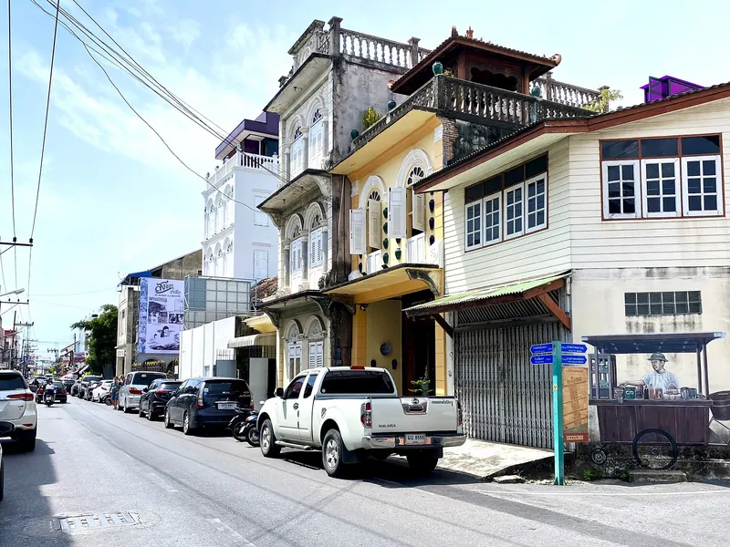 Old shophouses with balconies lining Nakhon Nok Road in Songkhla Old Town