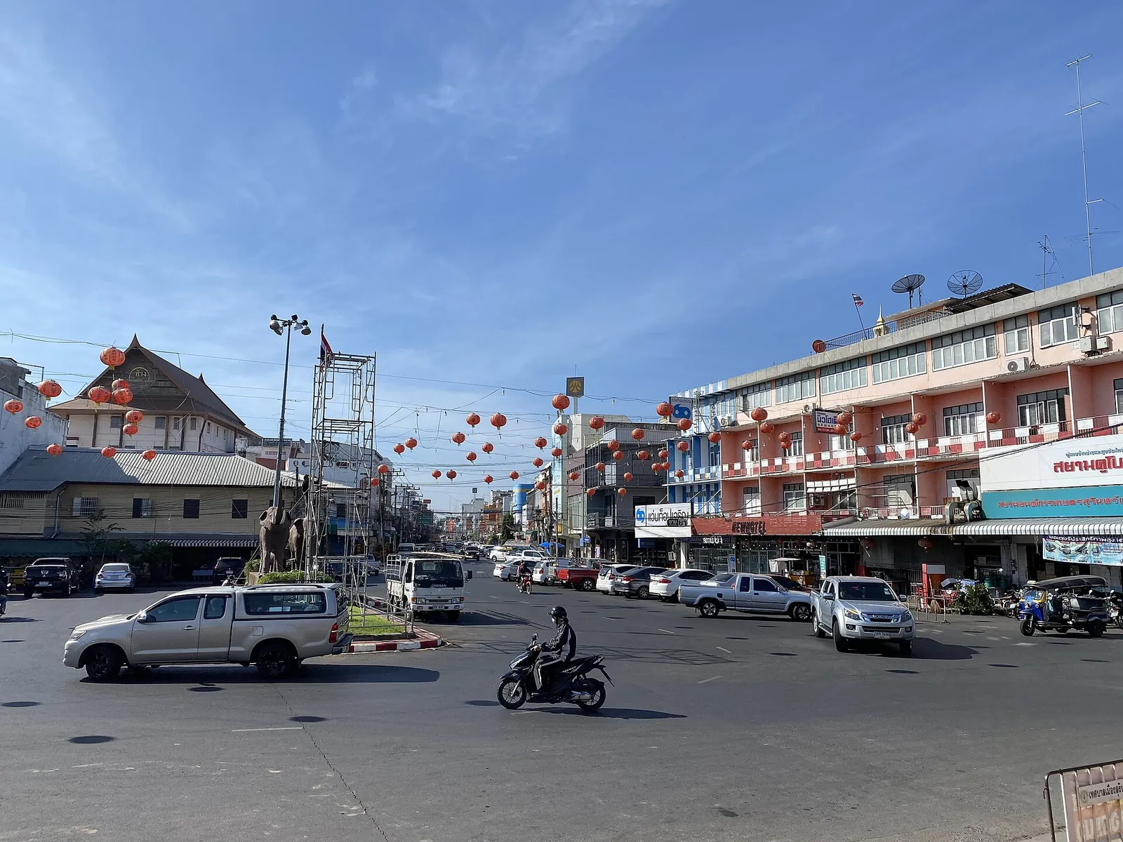Life-size elephant statues on a roundabout on Thanasan Road in Surin town