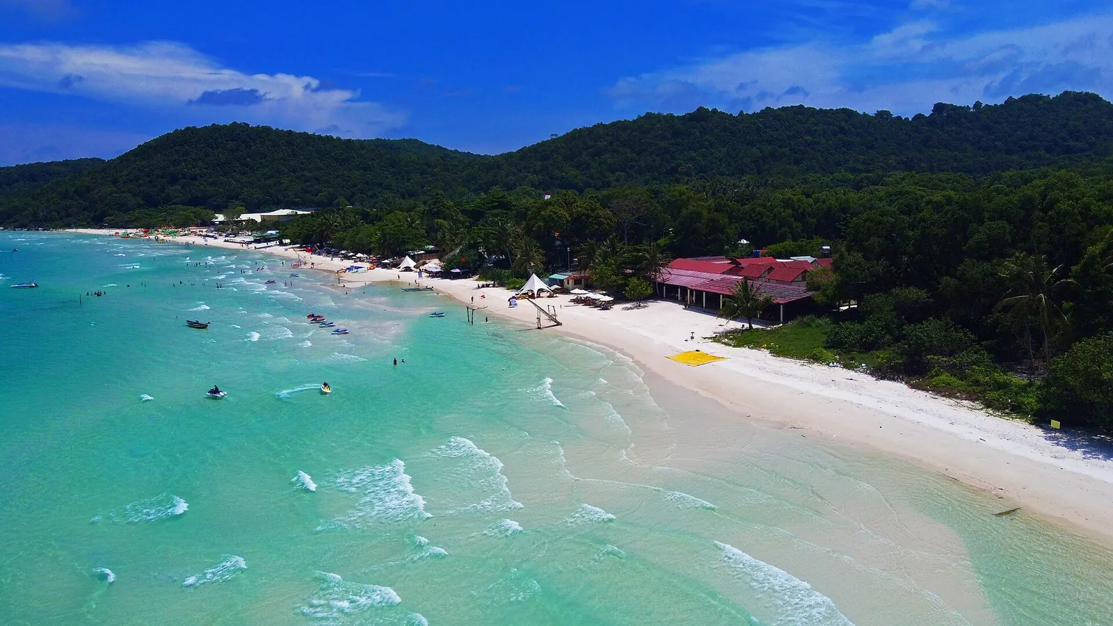 Aerial view of turquoise water and white sand at Bai Sao beach on Phu Quoc island