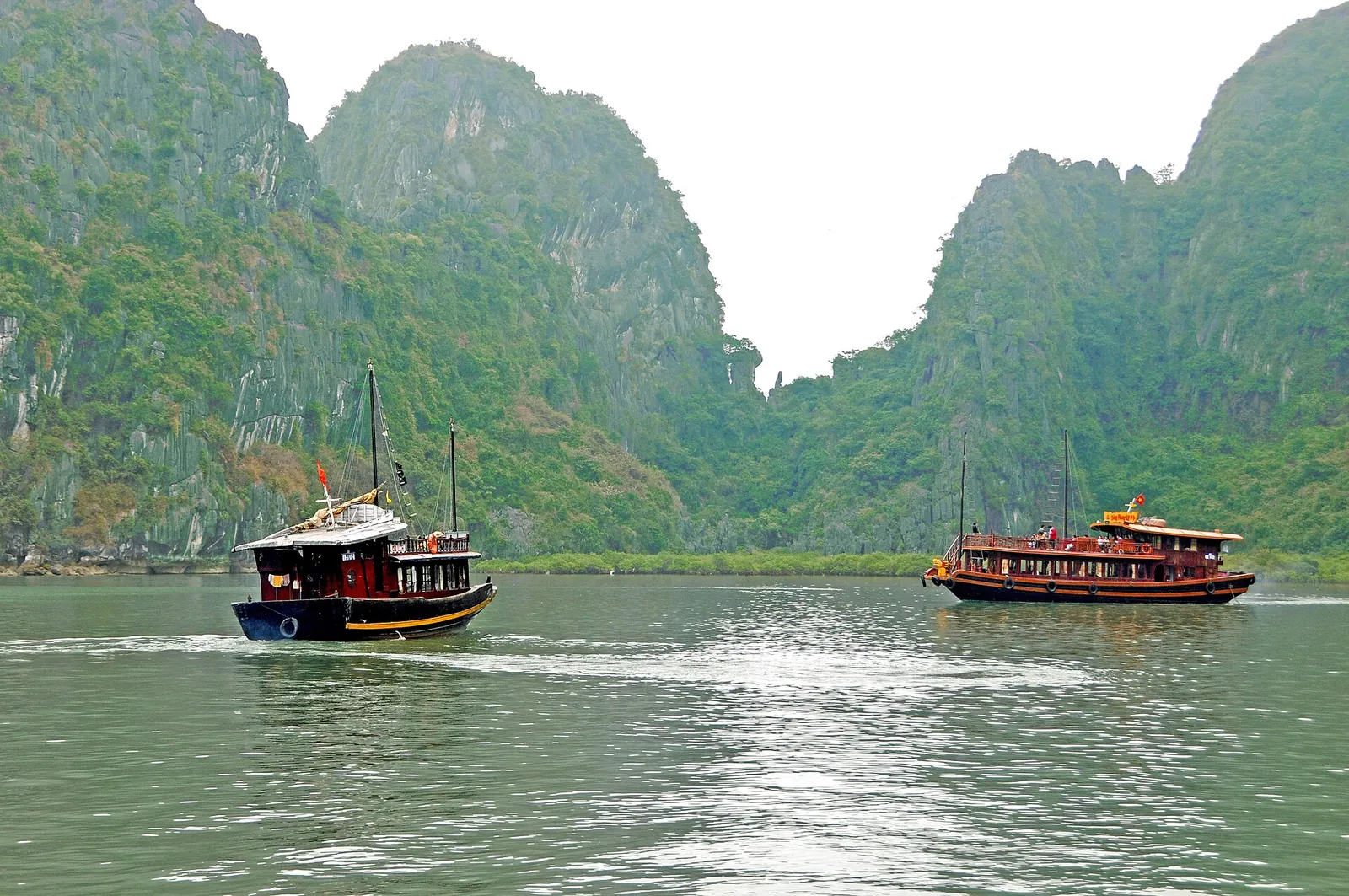 Wooden tour boats among steep forested limestone karsts in Ha Long Bay