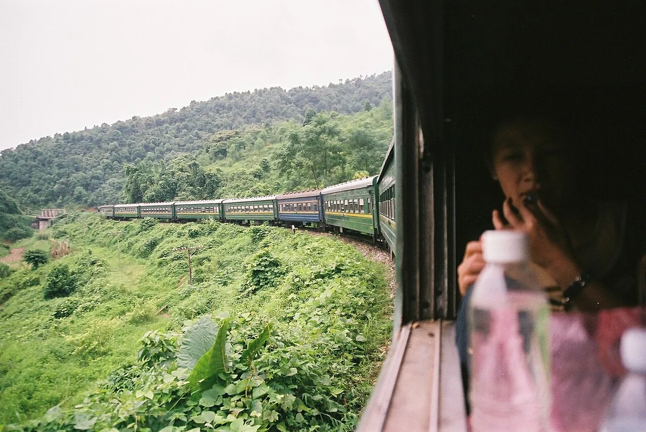 View from a Reunification Express window as the train curves through green hills in Vietnam