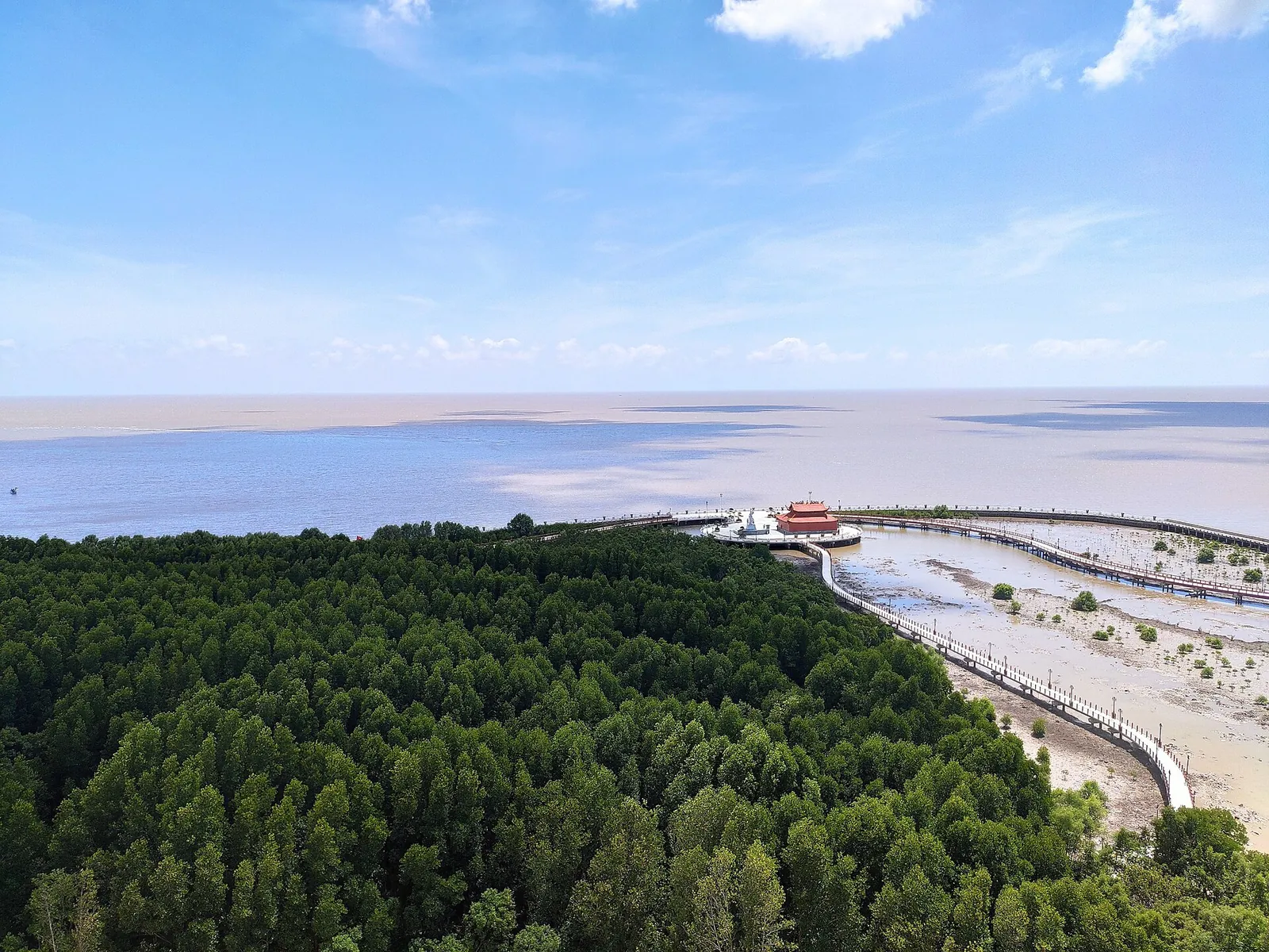 Aerial view of the mangrove forest at Cape Ca Mau meeting the sea, with the embankment and pier at the tip