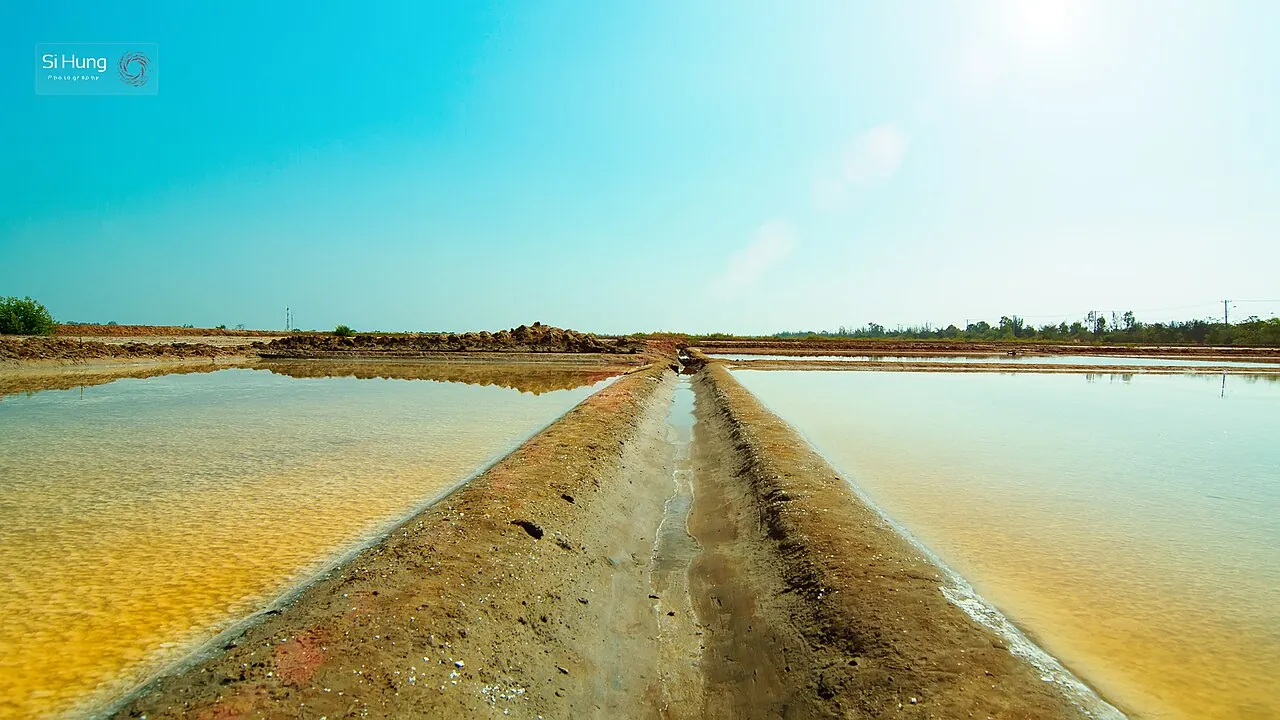 Shallow salt pans with forming salt crystals divided by an earth bank at Can Thanh, Can Gio