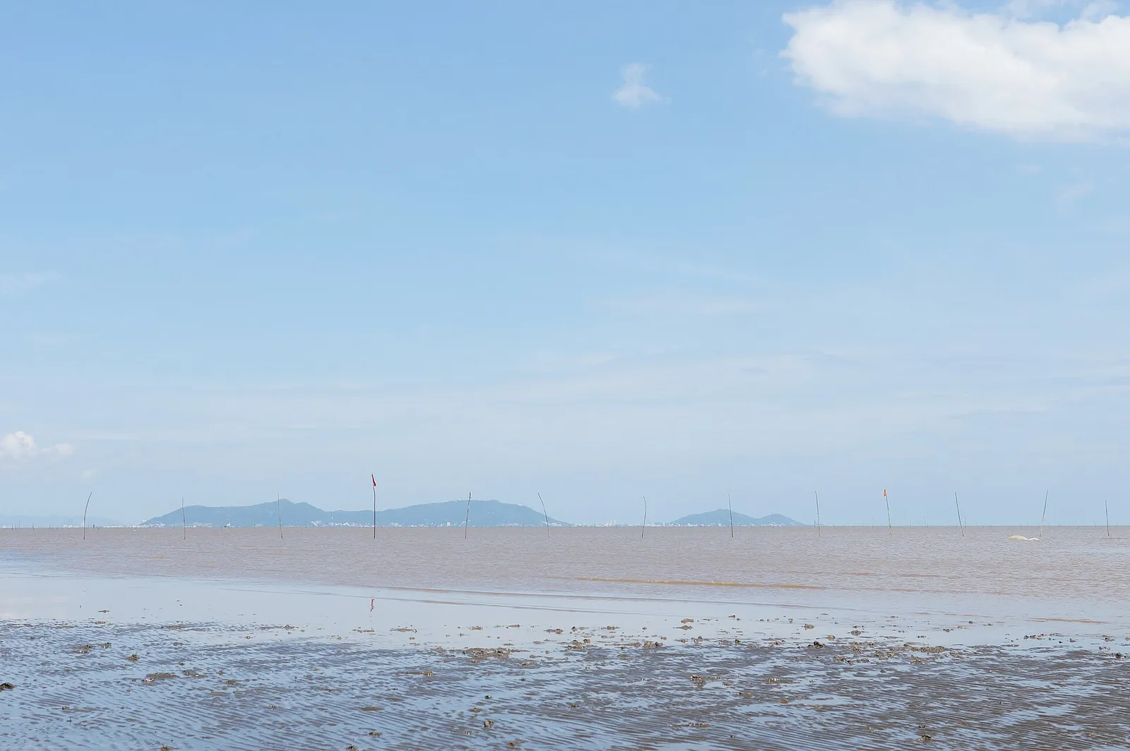 Wide grey tidal flat on Can Gio beach under a blue sky, with low hills across the bay on the horizon
