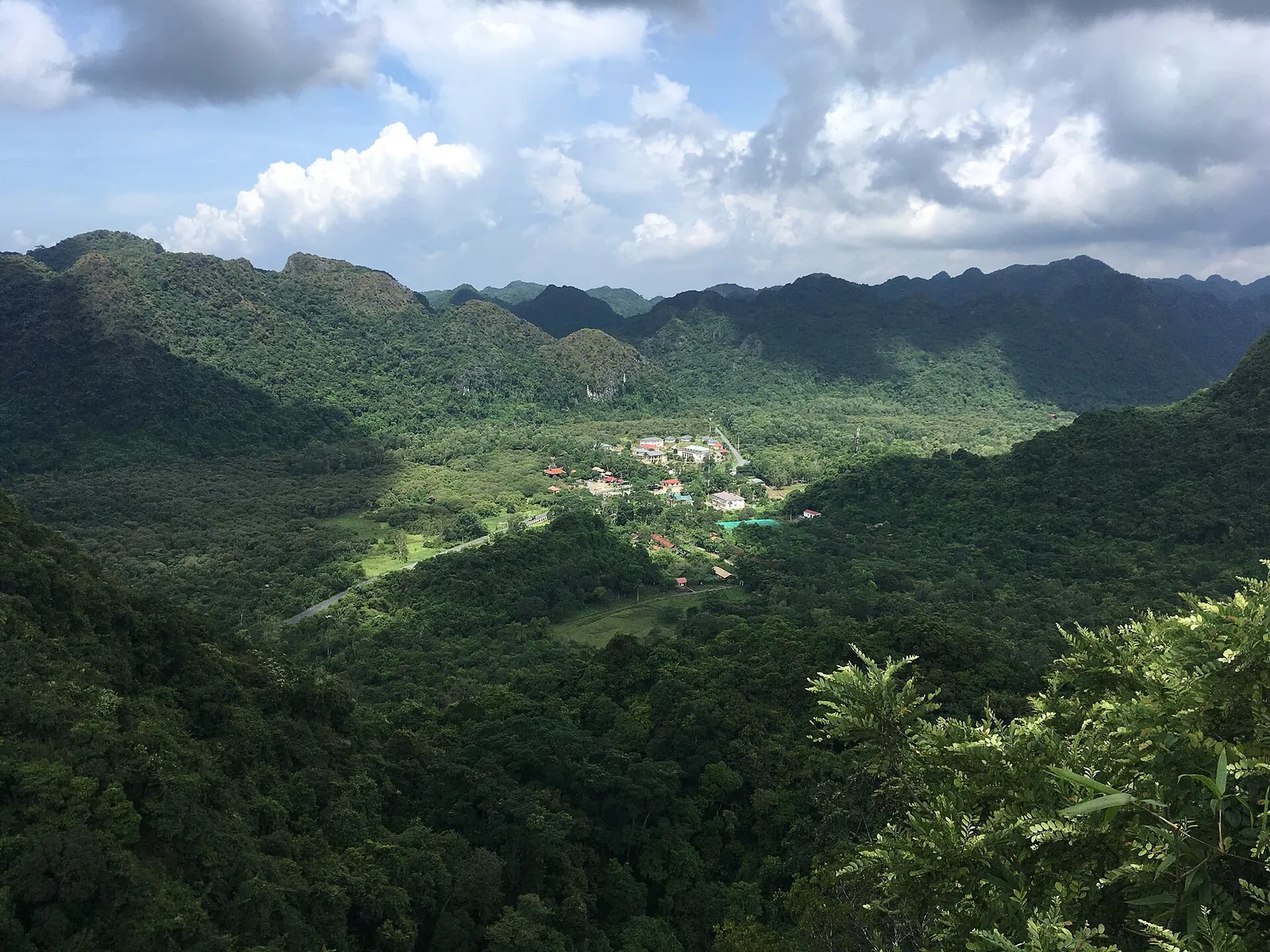 Forested limestone hills and a green valley seen from Ngu Lam Peak in Cat Ba National Park