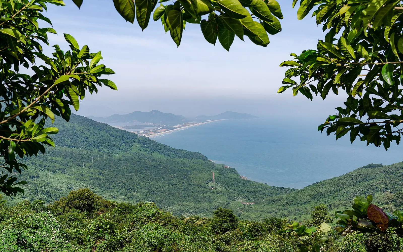 Lang Co bay and beach seen through trees from the Hai Van Pass road, with forested hills sloping to the sea