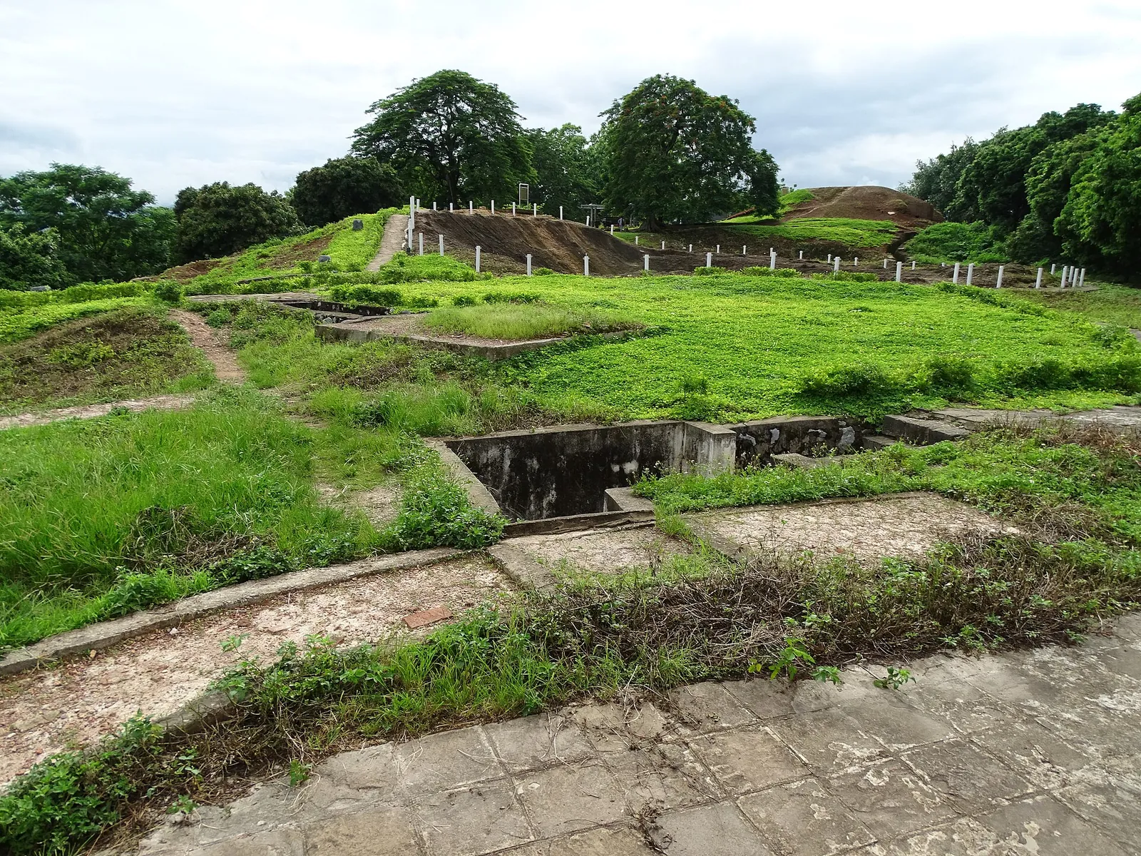 Grassy slopes and restored French trenches on Hill A1 in Dien Bien Phu