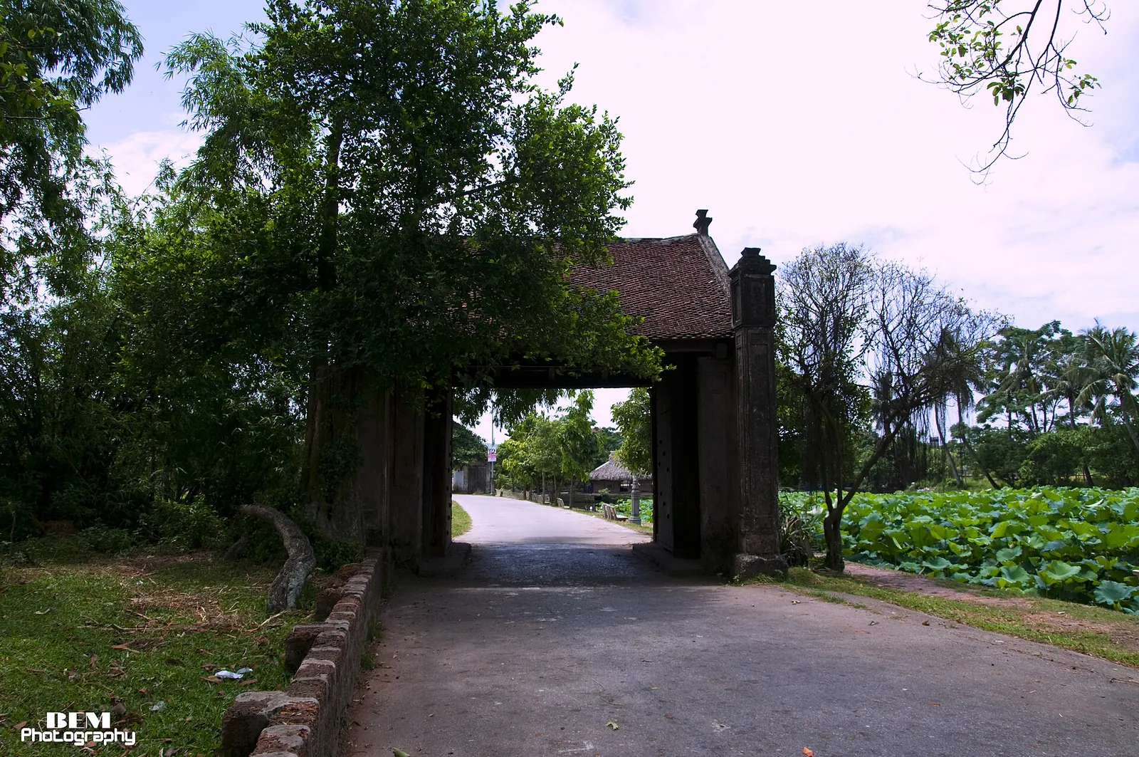 Tiled village gate over a lane in Duong Lam, with trees and a lotus pond beside it